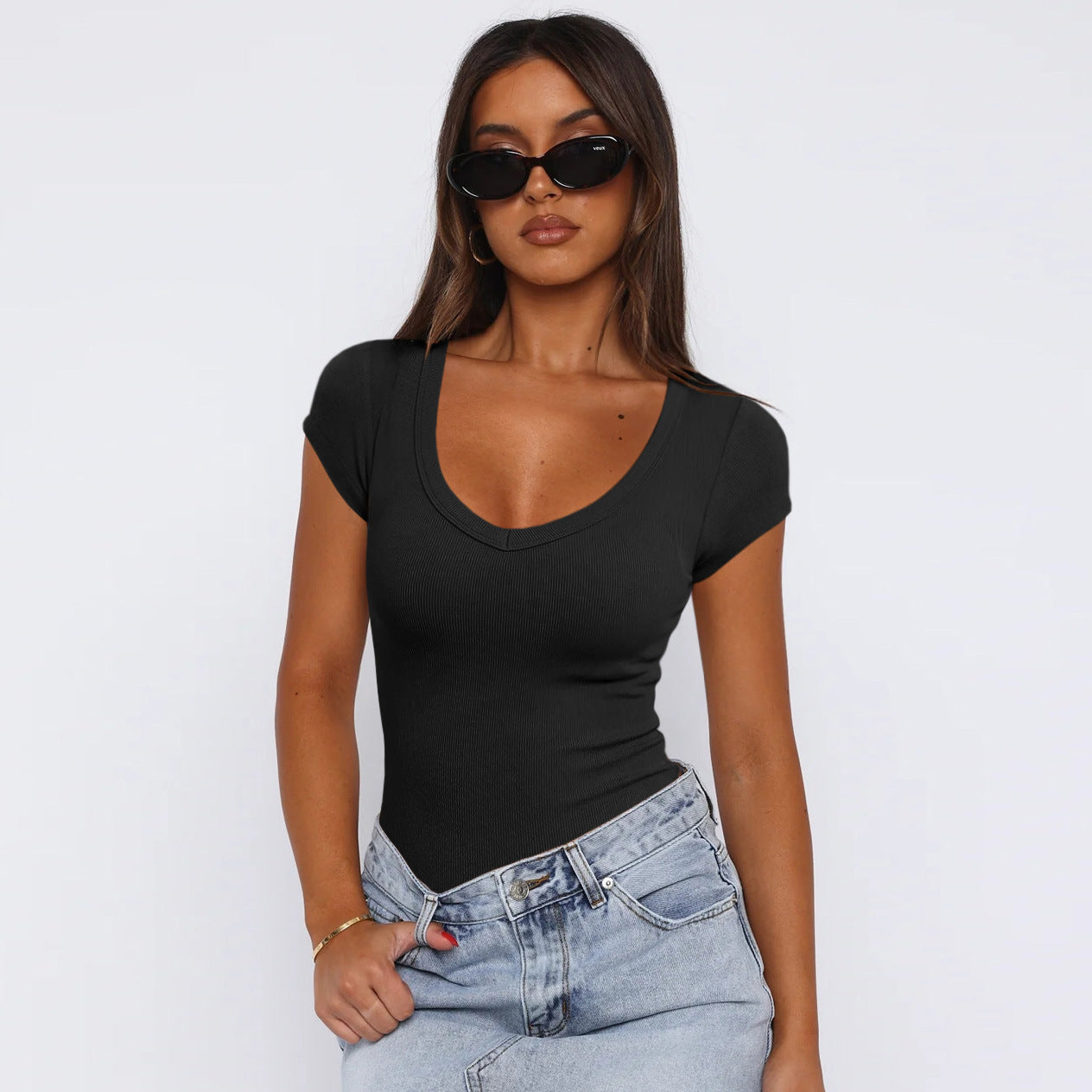 Spiral Curve Slim Tee – Summer Solid Color Fit Top