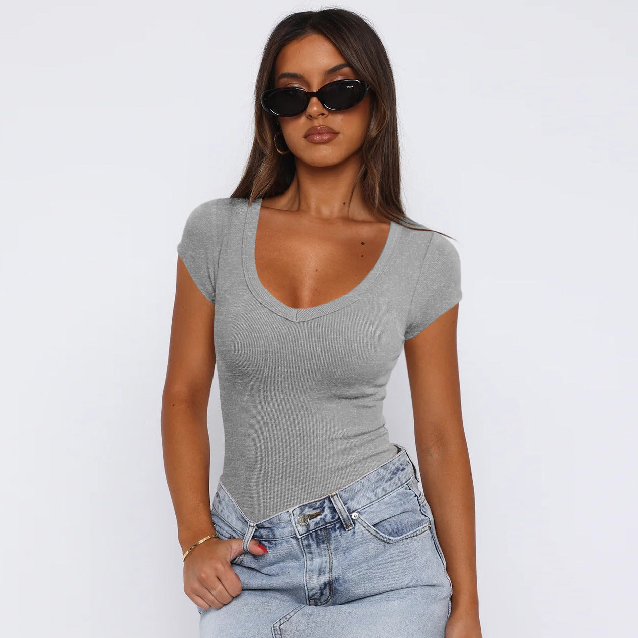 Spiral Curve Slim Tee – Summer Solid Color Fit Top