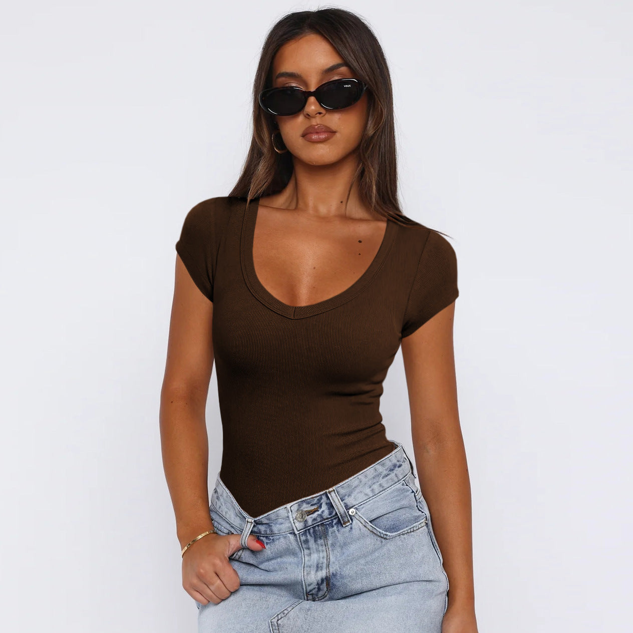 Spiral Curve Slim Tee – Summer Solid Color Fit Top
