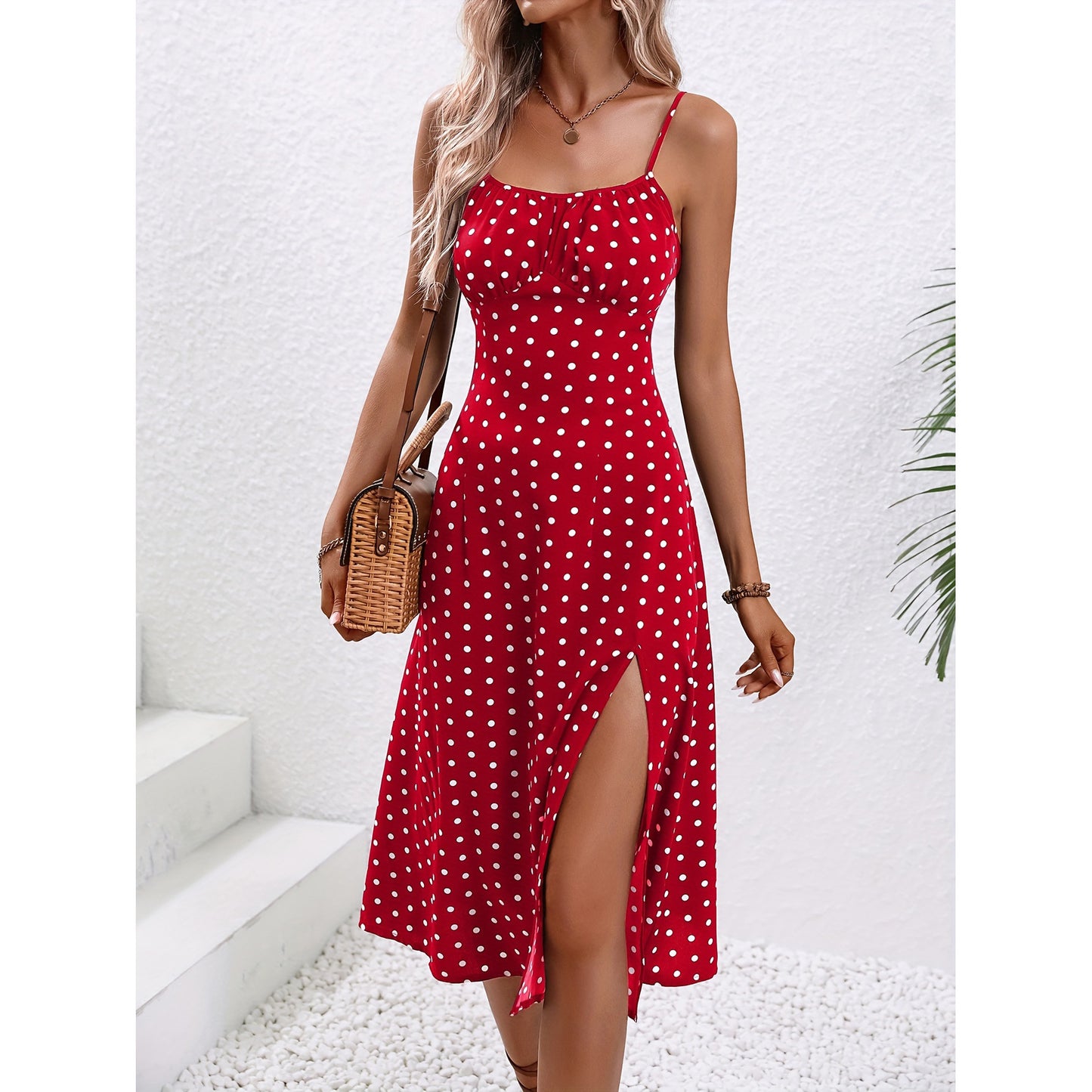 Polka Dot Split Summer Suspender Dress – Women's Sexy Long Dress