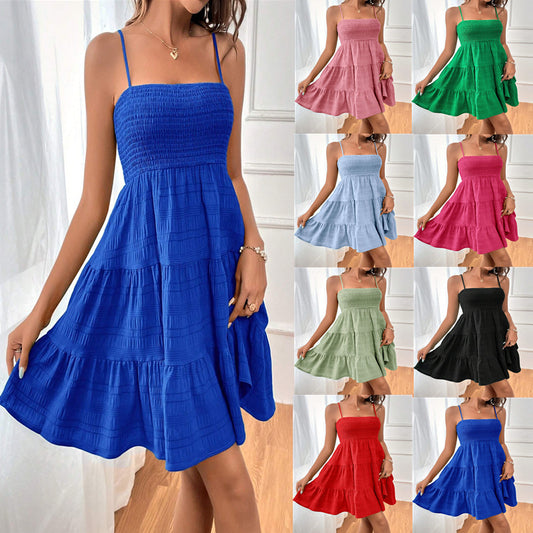 Summer Square-Collar Pleated Suspender Dress