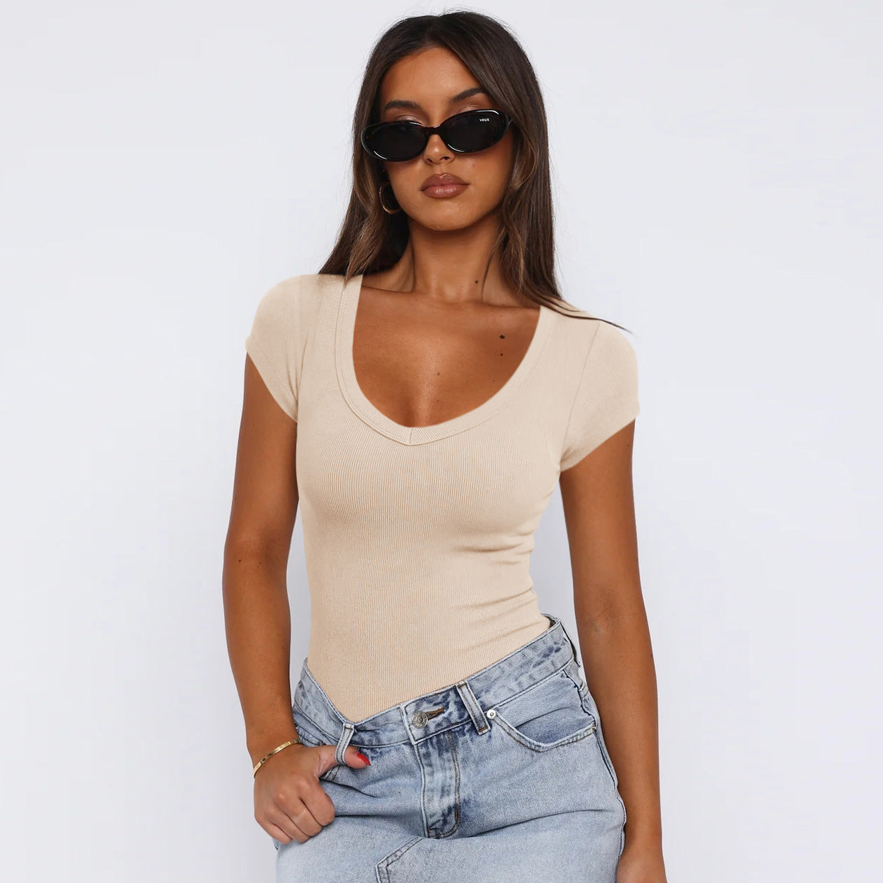 Spiral Curve Slim Tee – Summer Solid Color Fit Top