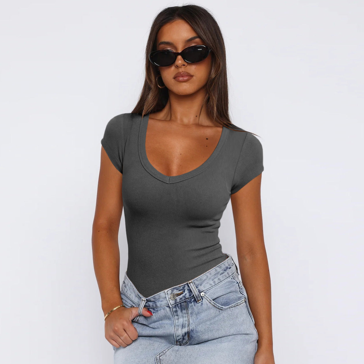 Spiral Curve Slim Tee – Summer Solid Color Fit Top