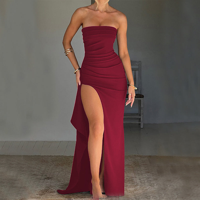 Strapless Split Pleated Maxi Dress