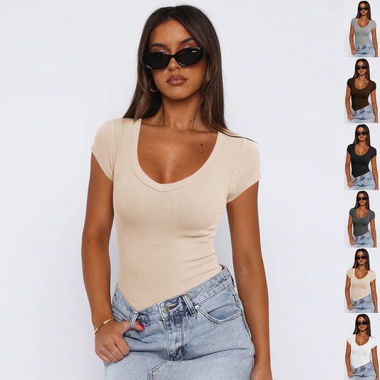 Spiral Curve Slim Tee – Summer Solid Color Fit Top
