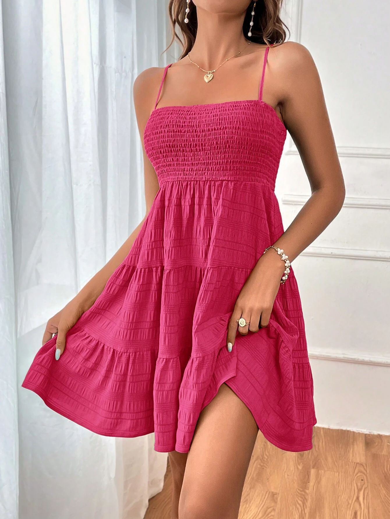 Summer Square-Collar Pleated Suspender Dress