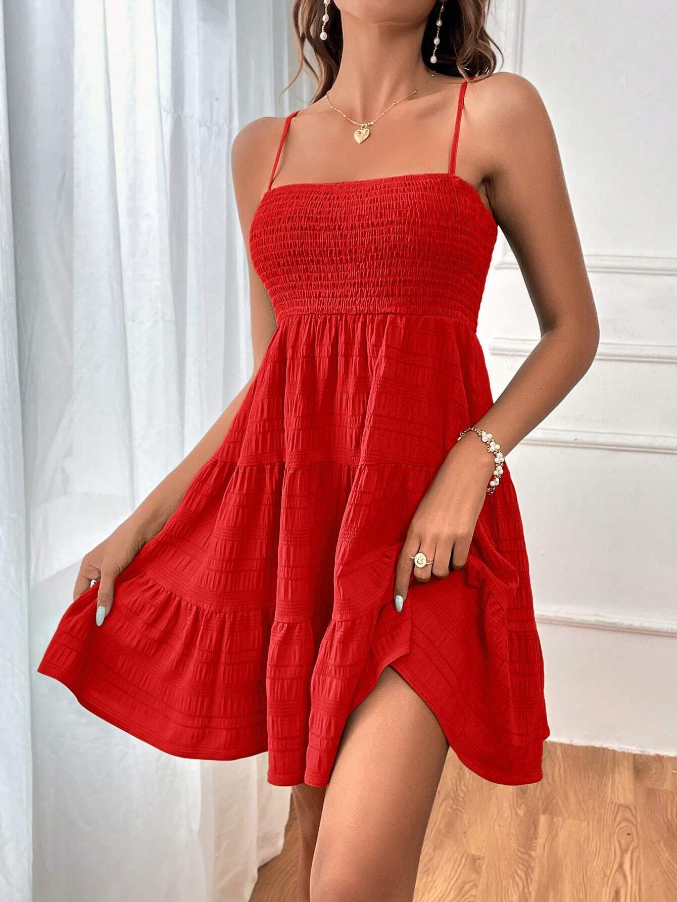 Summer Square-Collar Pleated Suspender Dress