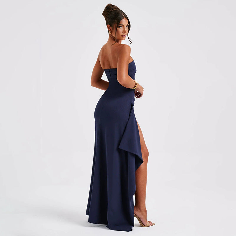 Strapless Split Pleated Maxi Dress