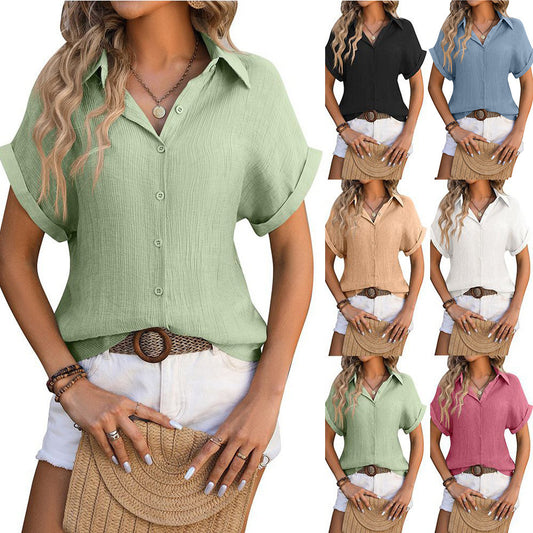 Lapel Button Short Sleeve Pleated Top