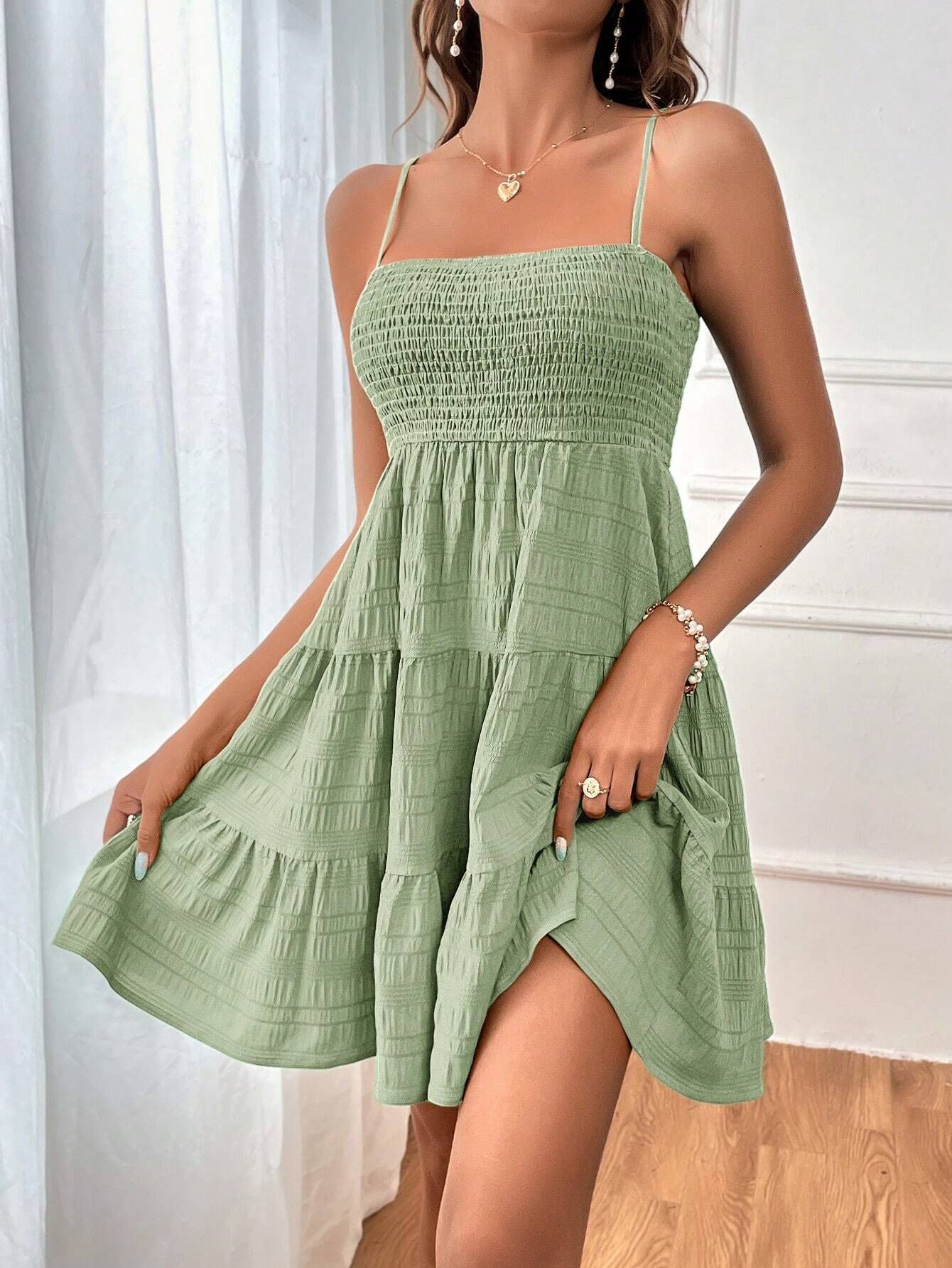 Summer Square-Collar Pleated Suspender Dress
