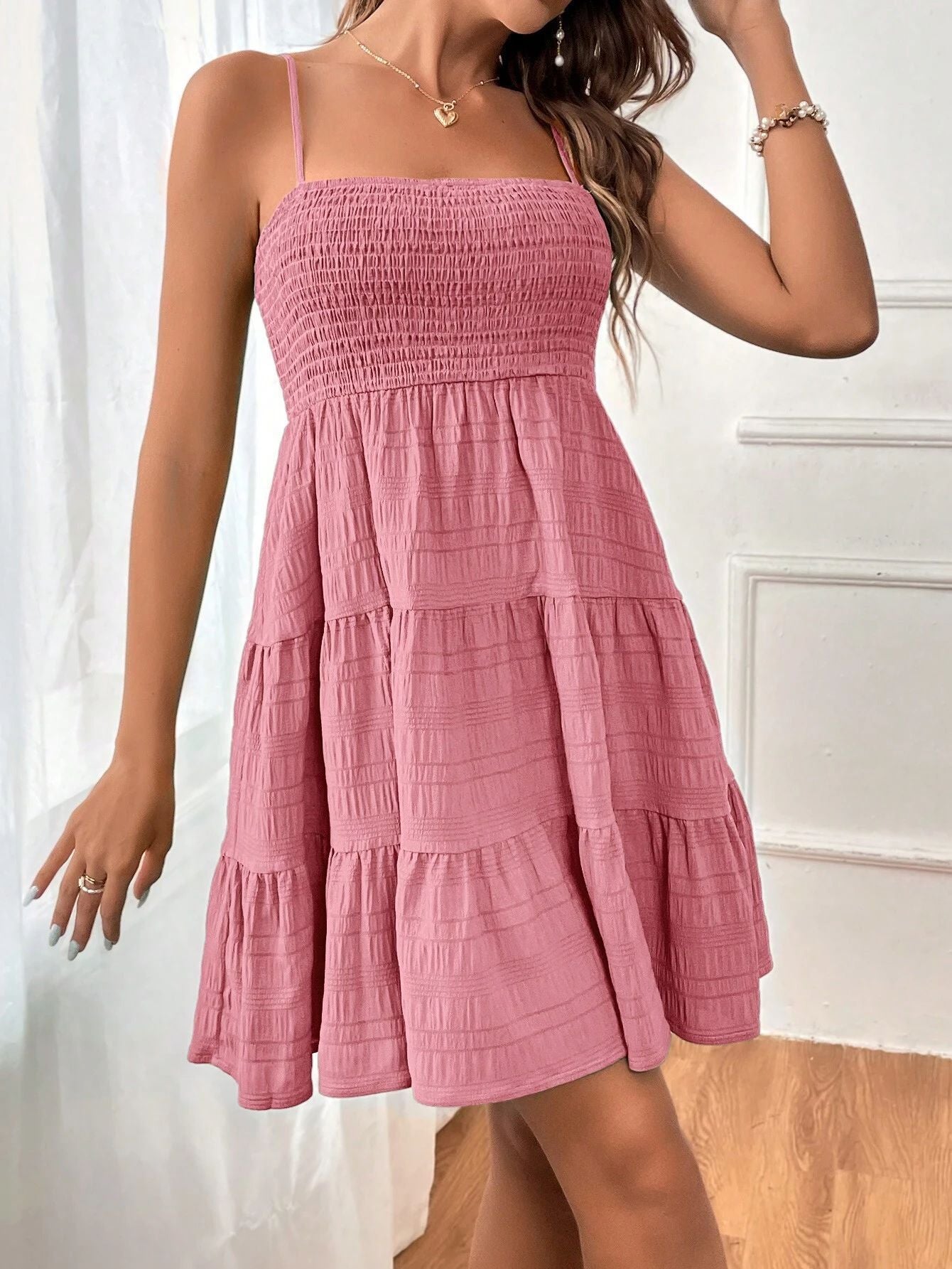 Summer Square-Collar Pleated Suspender Dress